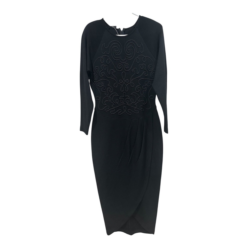 Andrea Jovine Black 100% Wool Soutache Embroidered Long Sleeve Tulip Midi Dres M